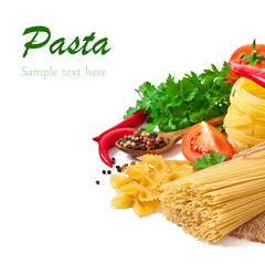 Pasta spaghetti, vegetables, spices and oil, isolated on white