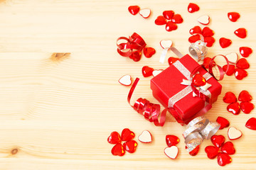 cute red gift box, ribbons, valentine's hearts