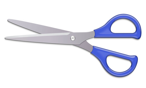 Opened Scissors With Blue Handle.