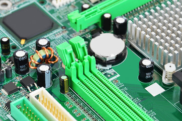 Printed computer motherboard with microcircuit, close-up
