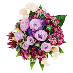 Floral bouquet of roses, lilies and orchids isolated on white ba