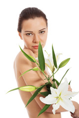 Fototapeta premium Beautiful topless woman with white lily.