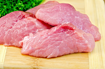 Meat pork slices on a board with spices