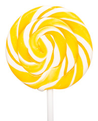 Sweet Yellow Spiral Lollipop On White Background