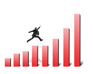 Businessman running and jumping on bar chart in white background