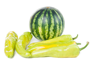 Green striped watermelon and peppers