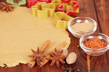 Fototapeta na wymiar Dough for Christmas cookies and spices