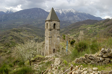 Lonely bell tower in ruins central Italy