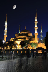 Fototapeta na wymiar Blue Mosque with moon at night, Istanbul