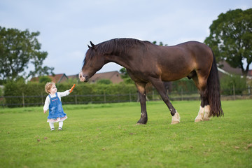 Cute little baby girl feeding a big horse on a ranch in autumn