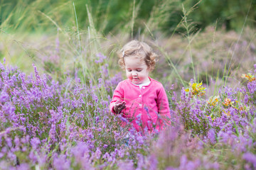 Cute little baby girl playing with purple heather flowers