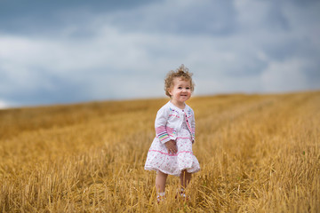 Curly baby girl walking in a golden wheat field at sunset