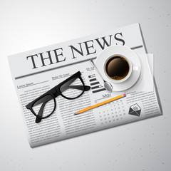 Cup of coffee, newspaper and glasses. Vector illustration