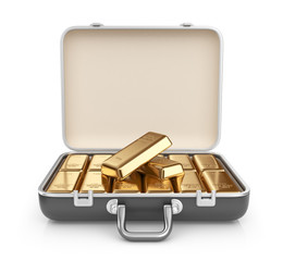 Briefcase full of gold bars. 3D Icon isolated on white backgroun