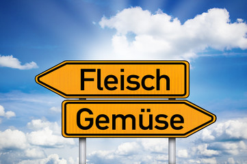 Fototapeta premium Wegweiser mit Fleisch und Gemüse