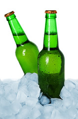 Two bottles of beer on ice isolated