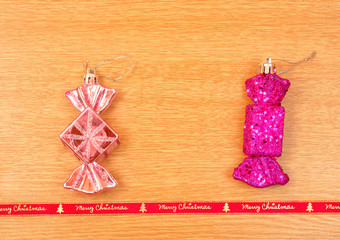 Candy shaped Christmas decorations with red ribbon