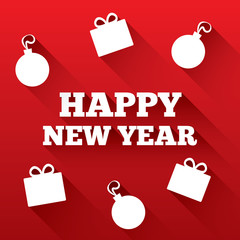 New year greeting card. Christmas gifts, balls.