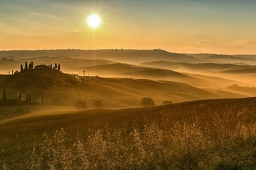 Scenic view of typical Tuscany mist landscape