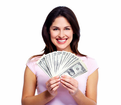 Happy young woman with money.