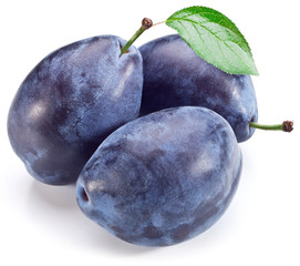 Three plums with leaf.