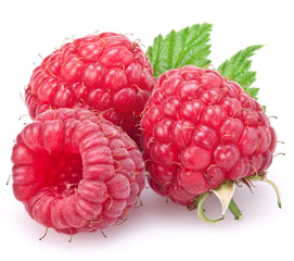 Raspberries with leaves isolated on a white.