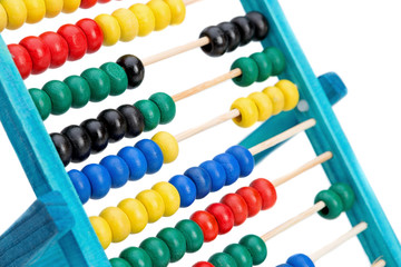 Colorful abacus for doing calculations. On a white background.