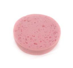 A large piece of boiled sausage. On a white background.