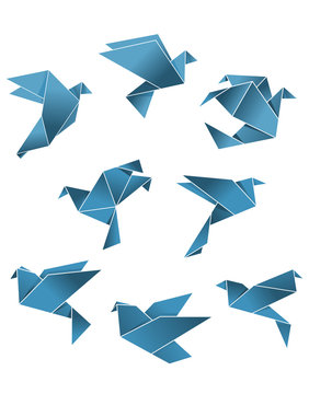 Blue paper pigeons and doves in origami style