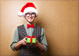 Christmas Santa hat isolated man portrait hold christmas gift