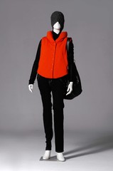 female red jacket with hat and bag o on mannequin