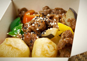 take-out food - Beef slice  and potato.