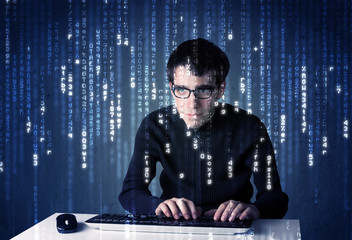 Hacker decoding information from futuristic network technology