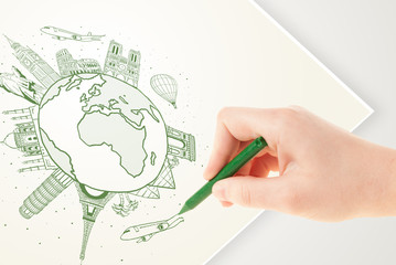 Hand drawing vacation trip around the earth with landmarks and c