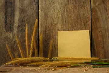 Still life with Foxtail grasst and notepad on wooden background