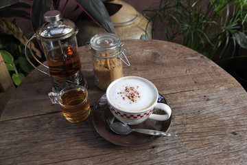Coppuccino coffee and hot tea