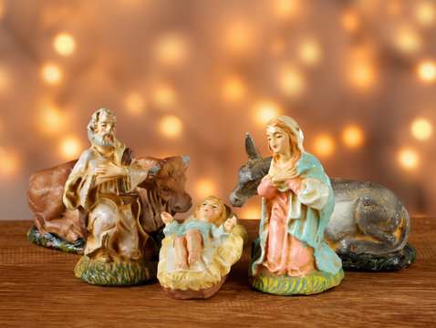 Nativity scene, the Holy family in warm golden light