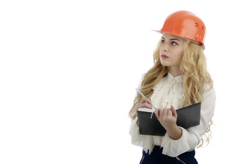 Worker contractor woman. Isolated on white background.