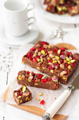 Chocolate Fudge with Glace Cherries, Pistachios and Coconut