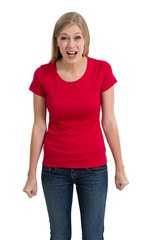 Obraz premium Angry woman posing with blank red shirt