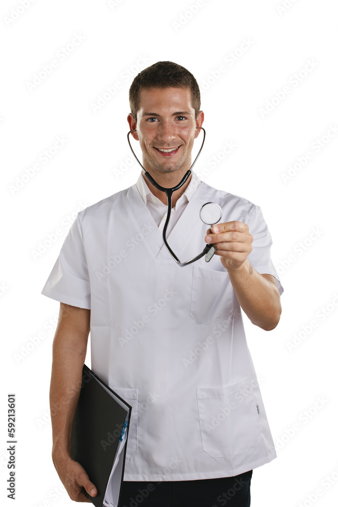 Wall mural doctor man showing the stethoscope. isolated.