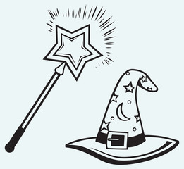 Magic hat and wand isolated on blue background