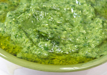 macro of delicious pesto sauce