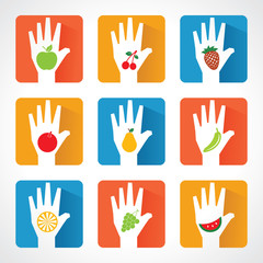 Fototapeta premium Different fruit icons and design with helping hand stock vector