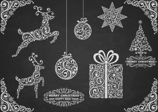 Christmas symbols on chalkboard