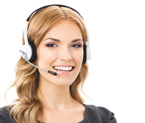 Support phone operator in headset, isolated