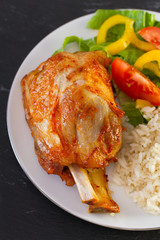 baked pork with rice and salad