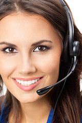 Support phone operator in headset, isolated