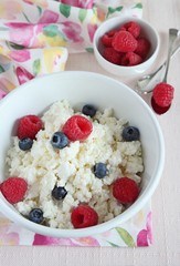 Portion of fresh cottage cheese with berries
