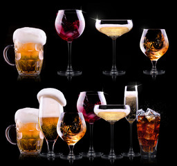 set with different drinks on black background
